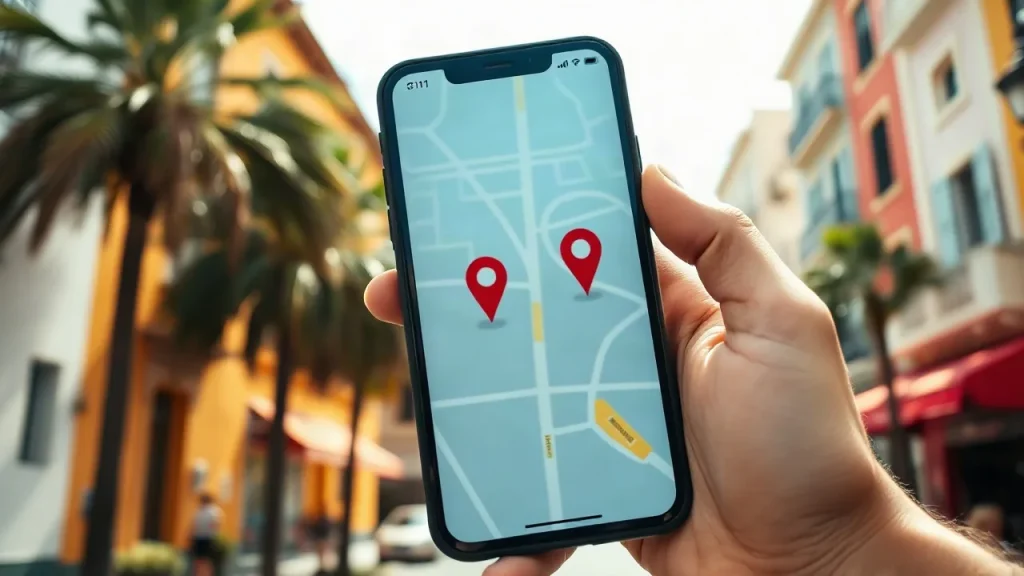 Móvil mostrando un mapa con tres ubicaciones destacadas en una calle de Tenerife