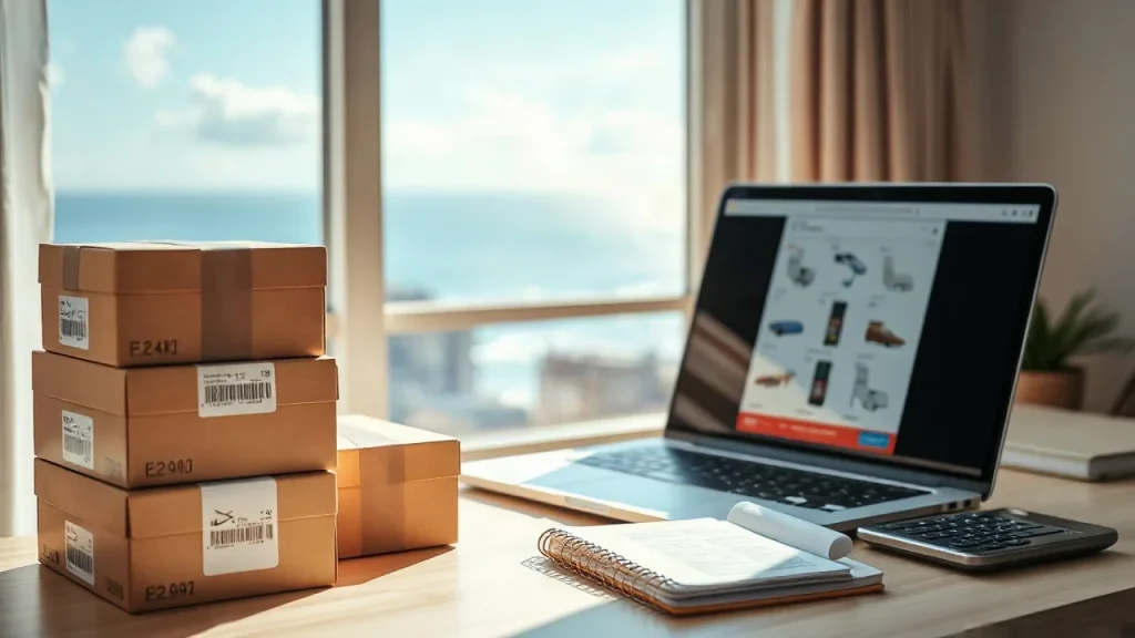 Cajas de envío y portátil con una tienda online en un despacho luminoso en Canarias