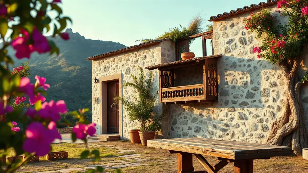 Casa rural canaria de piedra con balcón de madera en Tenerife