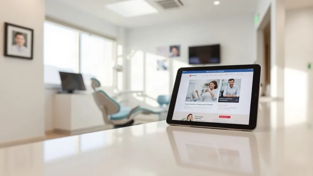 Recepción de clínica dental moderna en Tenerife con tablet mostrando una web