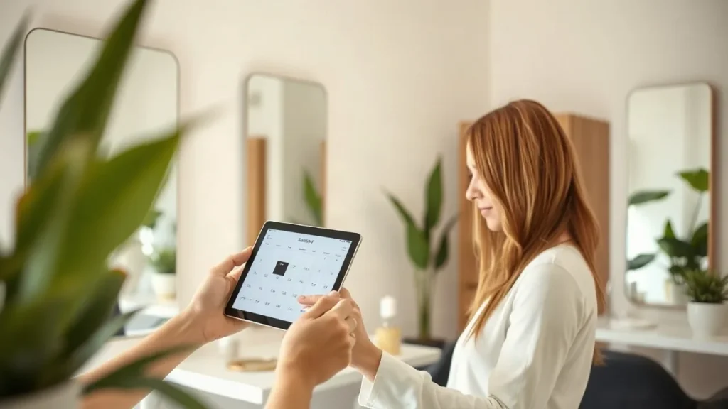 Interior de peluquería moderna en Tenerife con tablet de reservas online
