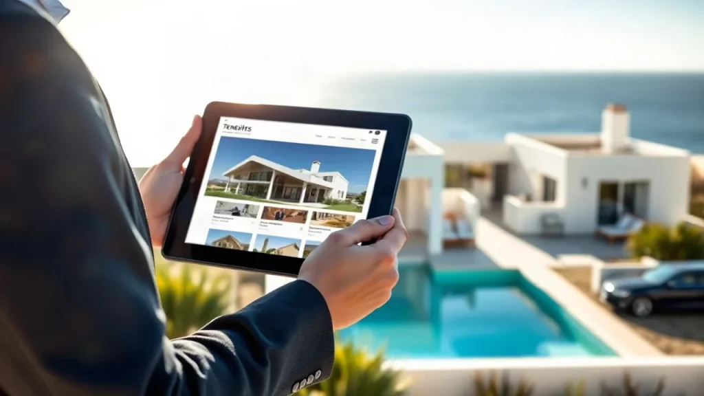 Agente inmobiliario en Tenerife con una tablet mostrando una web de propiedades