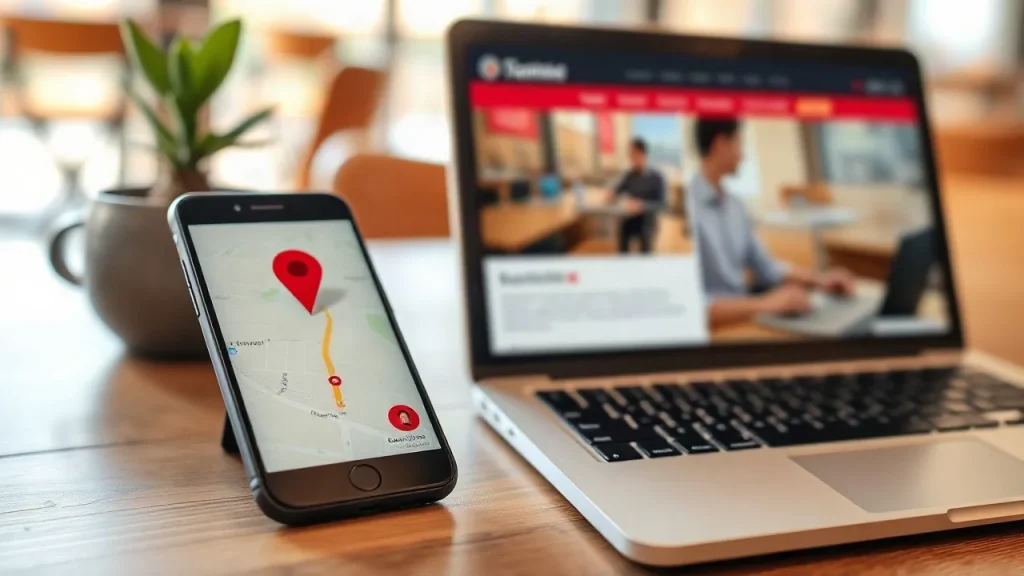Móvil con ficha de negocio en el mapa junto a un portátil con una web propia
