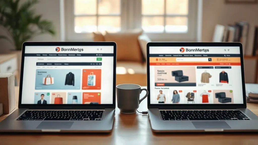Dos portátiles con dos tiendas online distintas sobre un escritorio